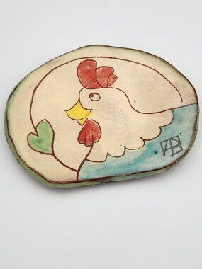 Handmade Ceramic Soap Dish/ Plate Chicken Illustration Hand Painted ~6x4.5in
